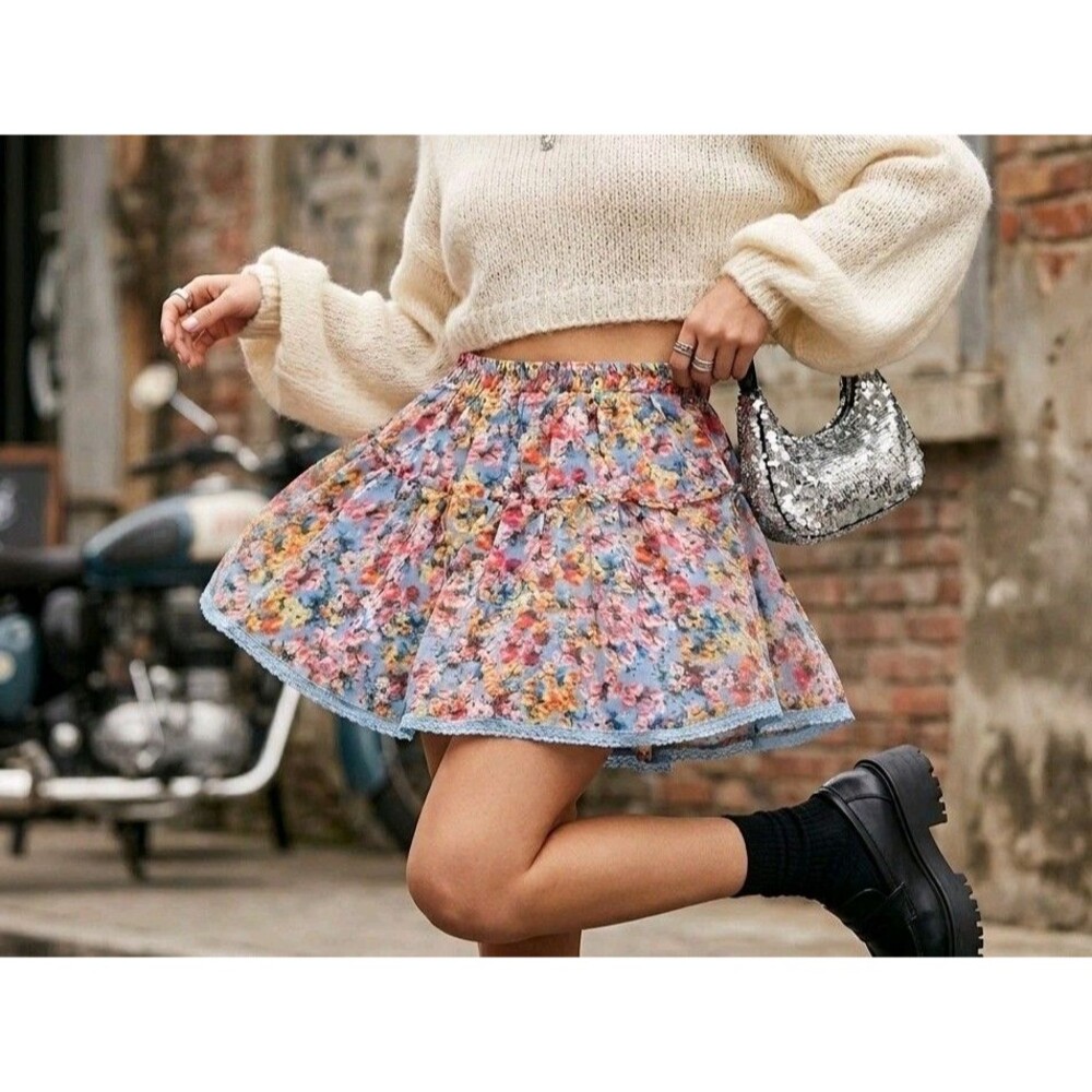 ALLISON New York Blue Floral Ruffle Mini Skirt Large Boho Y2K Coquette Trend